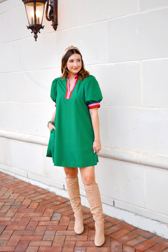 green contrast dress Fashion Vintage Collared Dress Green White Contrast Collared Shirt Swing Dress XLarge