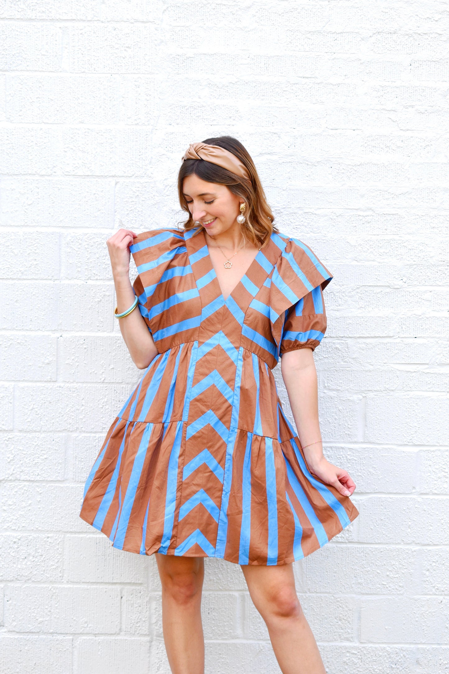 Brown & Blue Striped Ruffle Sleeve Dress