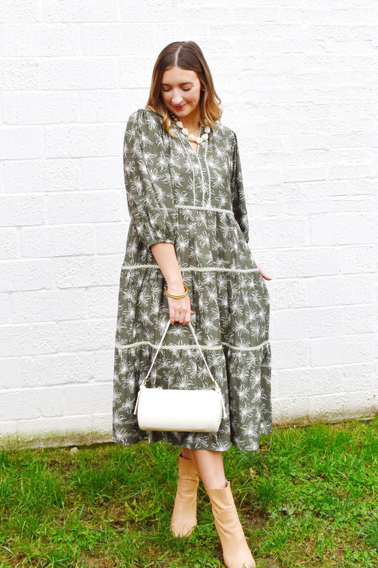 Olive Floral Striped Contrast Midi Dress