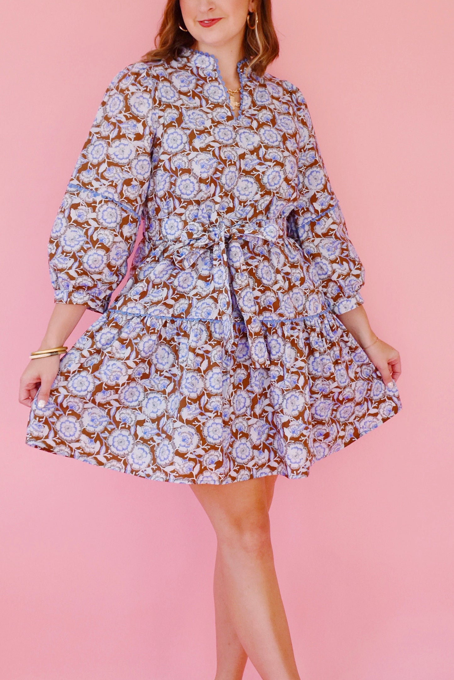 Brown Blue Floral Tie Belt Dress