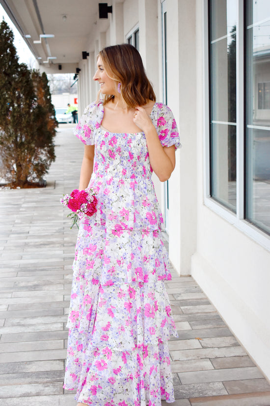 In Full Bloom Pink Floral Tiered Maxi Dress
