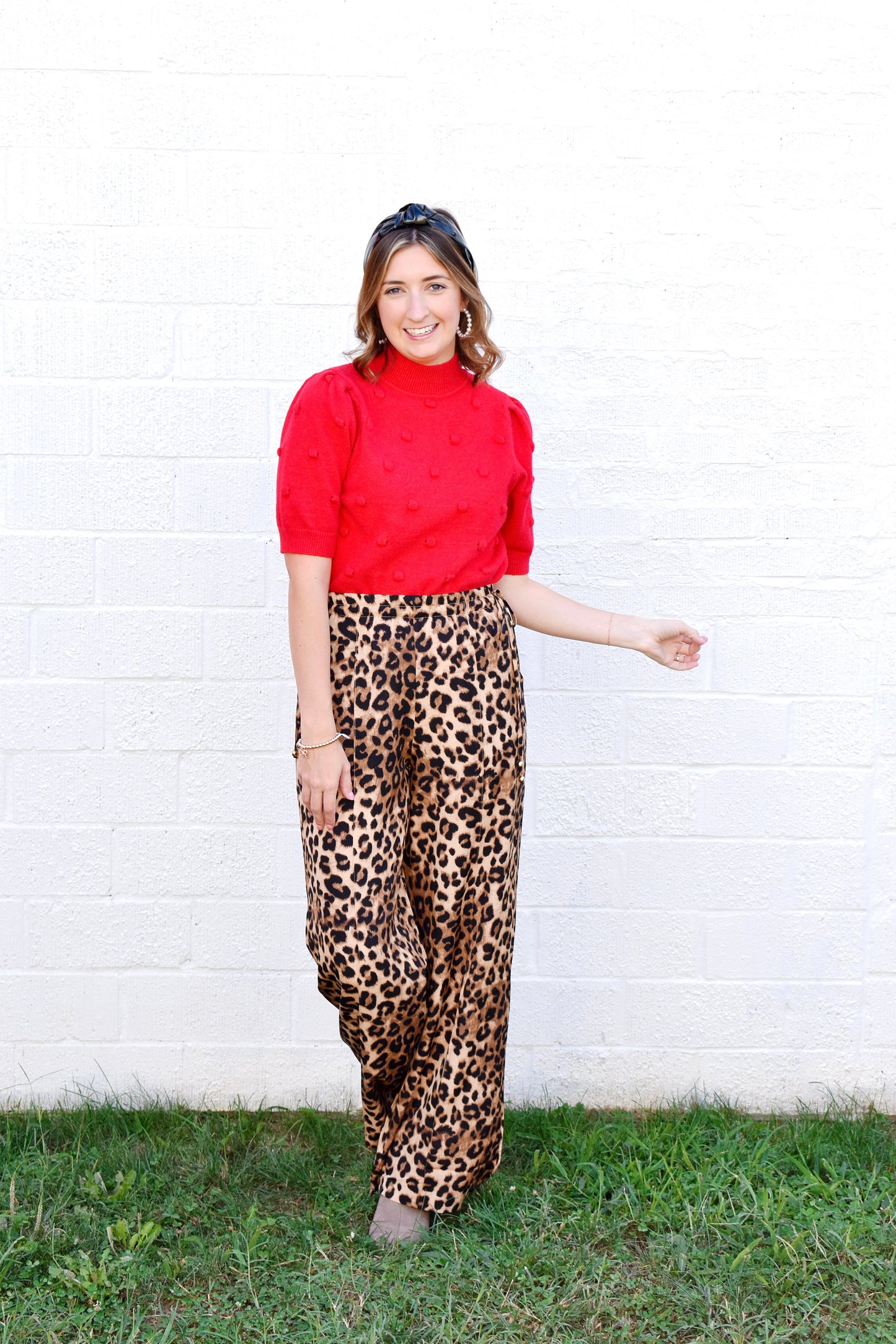 Leopard Print Tie Detail Wide Leg Pants