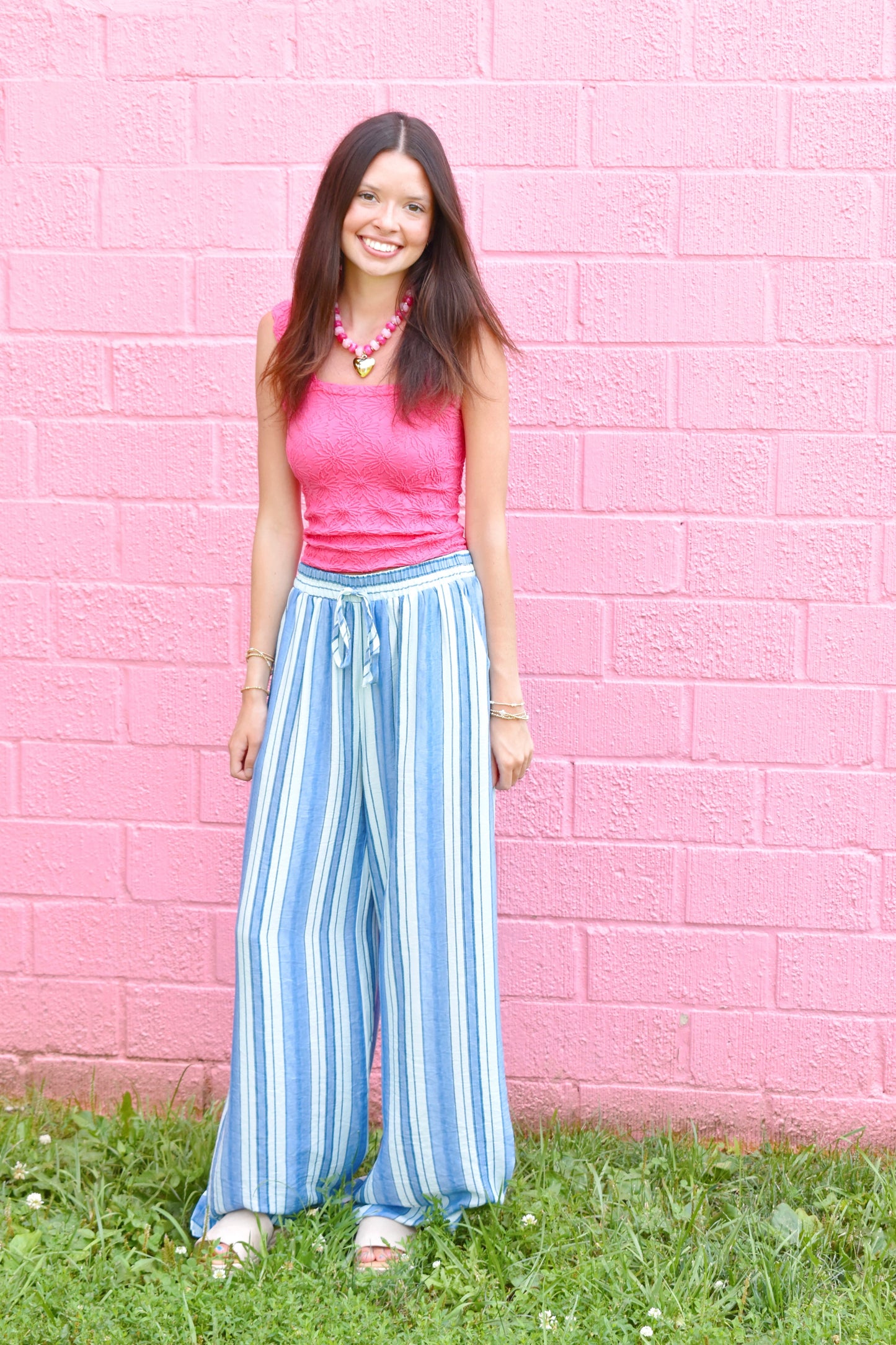 Blue Striped Drawstring Wide Leg Flowy Pants