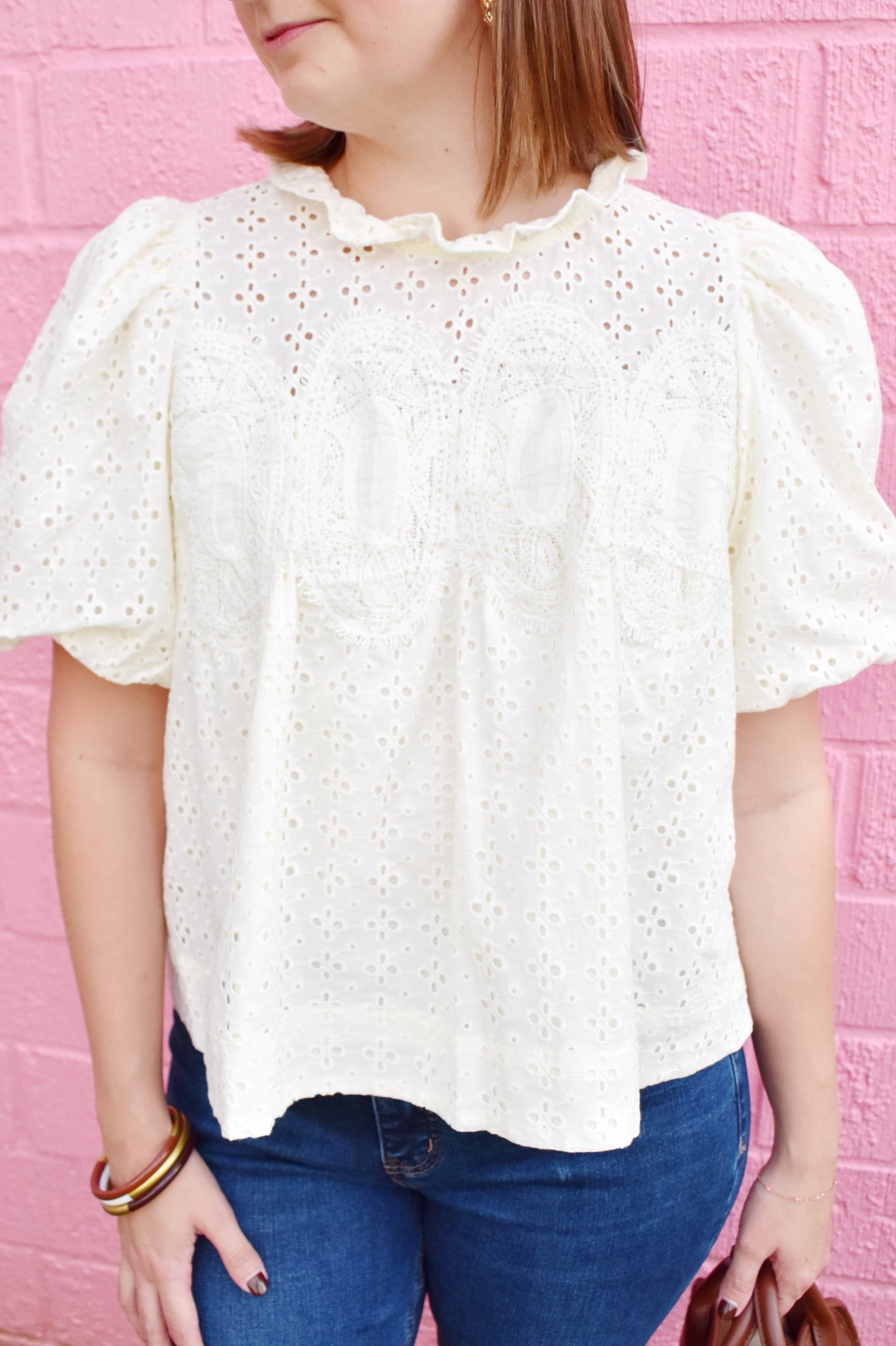 Cream Eyelet Puff Sleeve Blouse