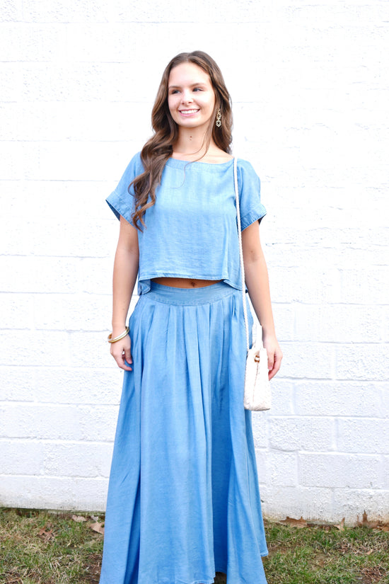 Chambray Cropped Top And Midi Skirt Set