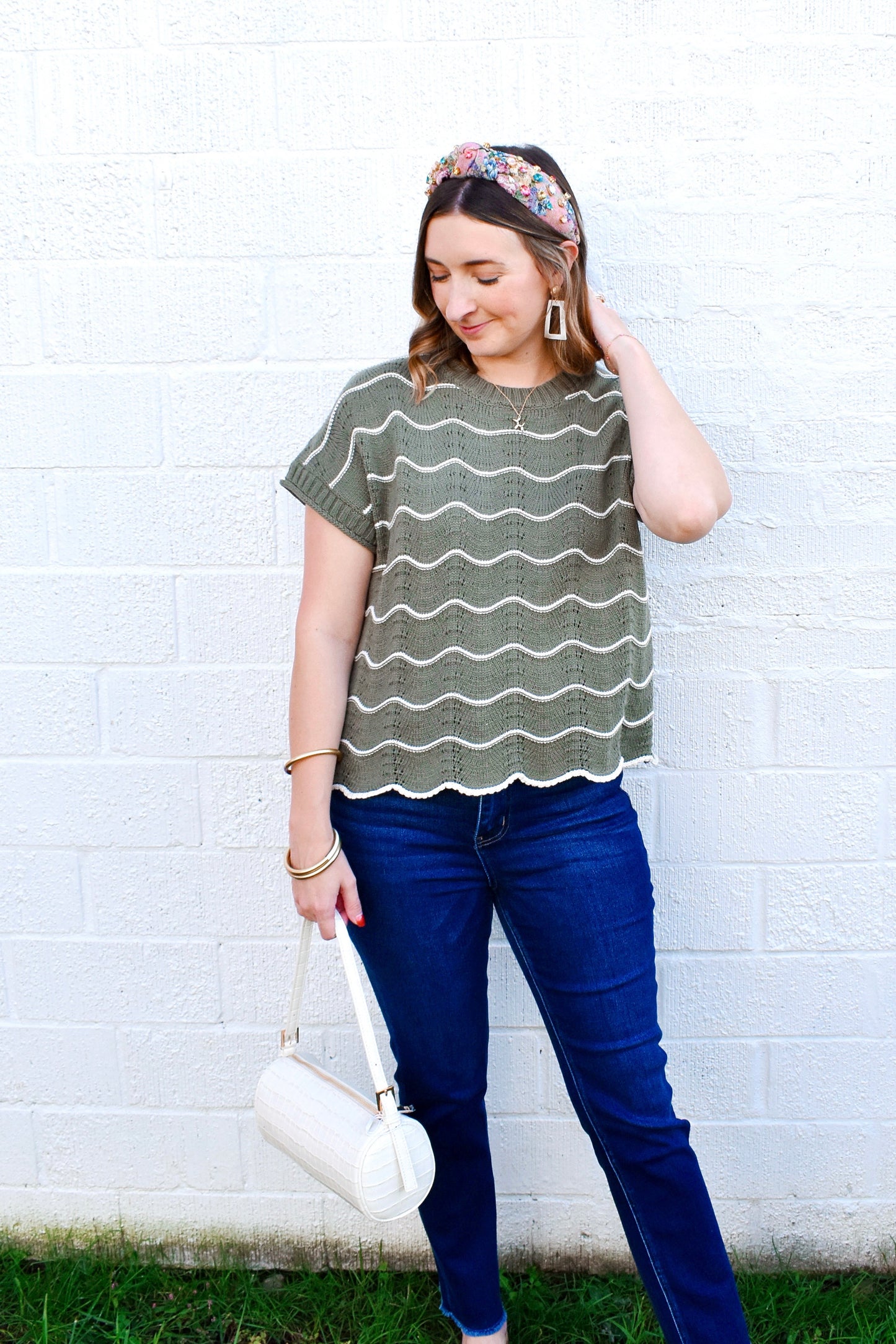 Olive Scallop Hem Wavy Line Sweater Top