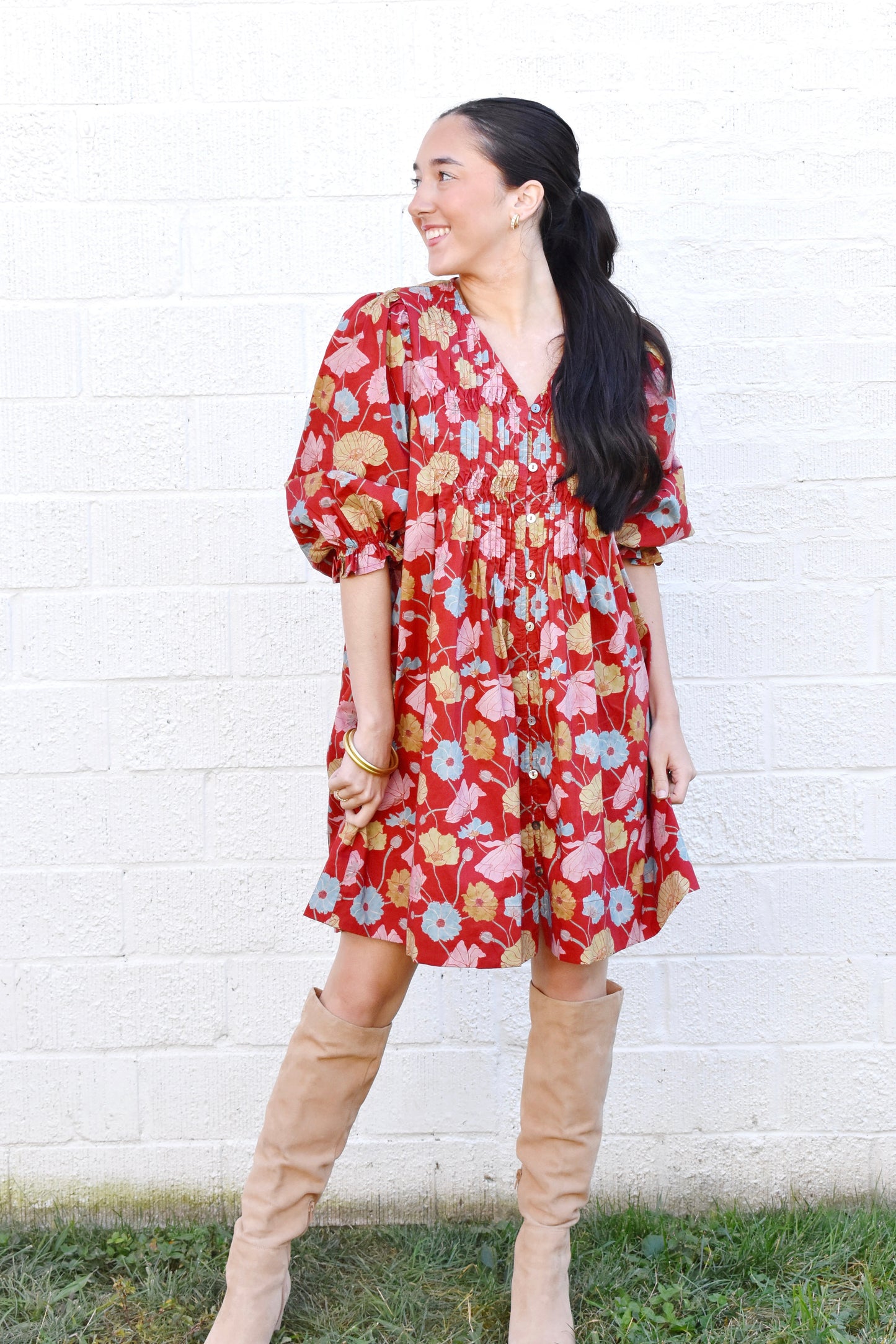 Brick Multi Fall Floral Mini Dress