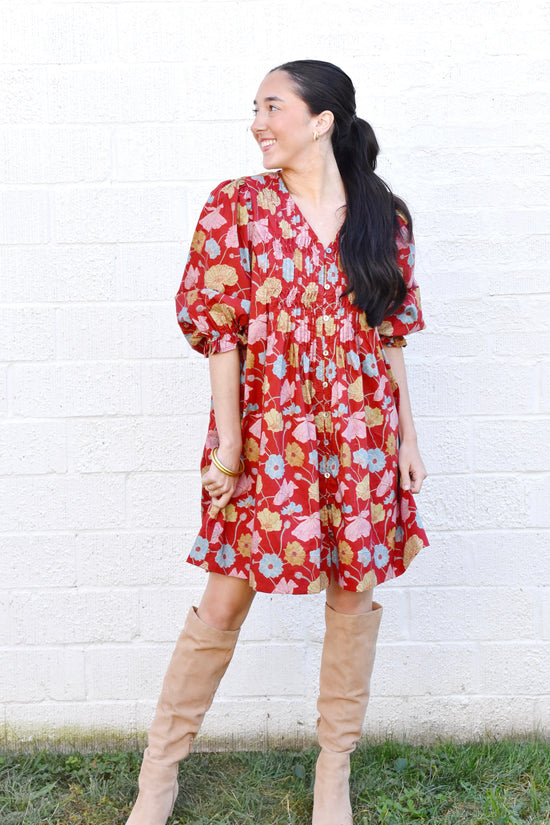 Brick Multi Fall Floral Mini Dress