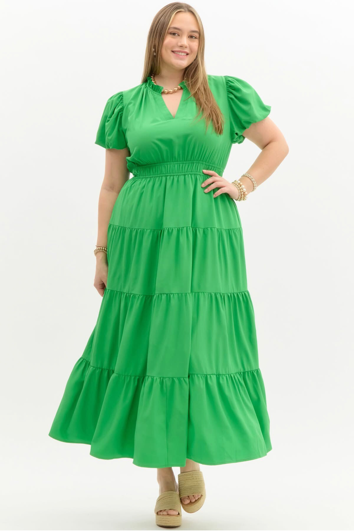 Plus Kelly Green Puff Sleeve Midi Dress