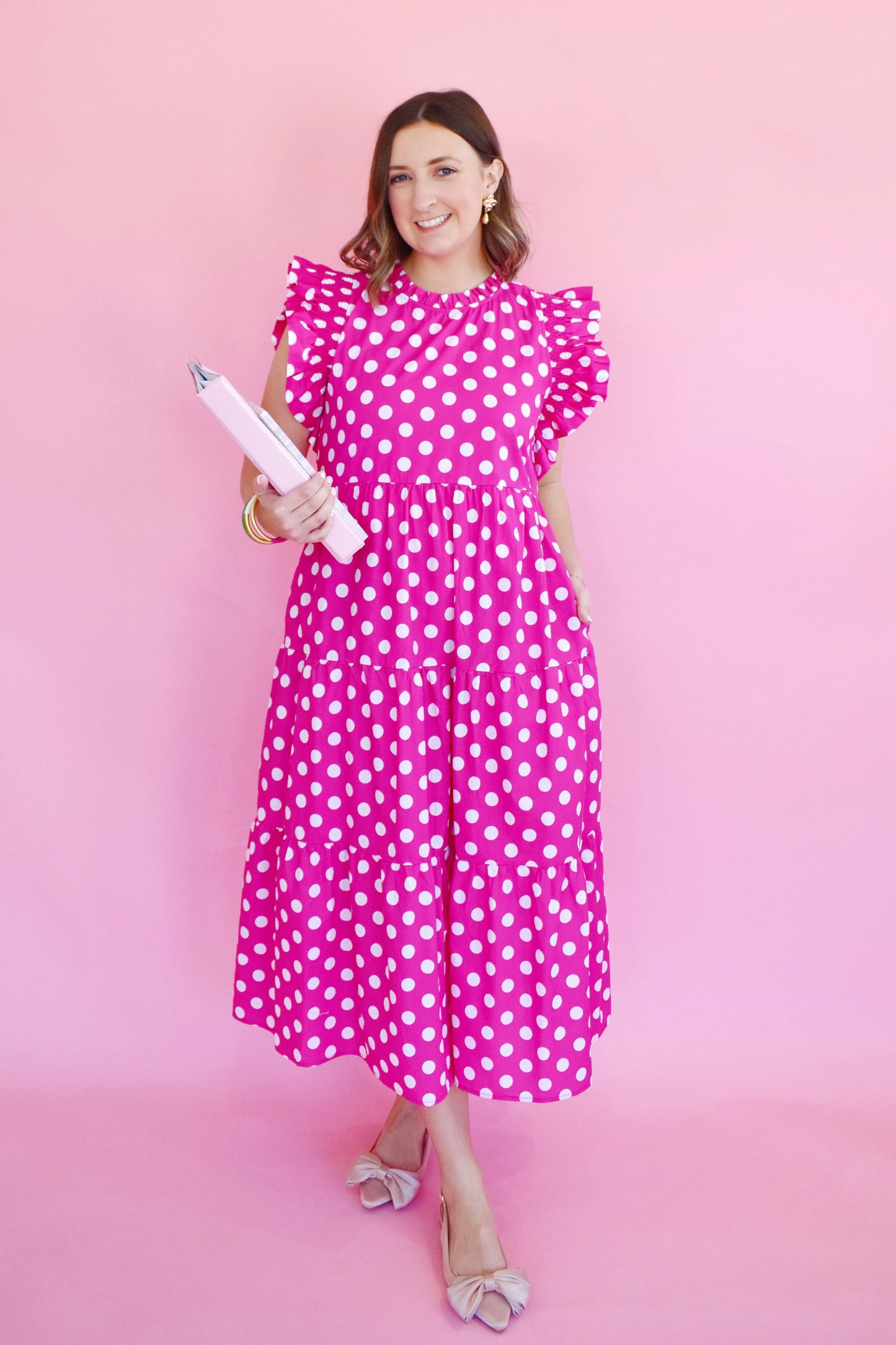 Hot Pink Polka Dot Ruffle Sleeve Midi Dress