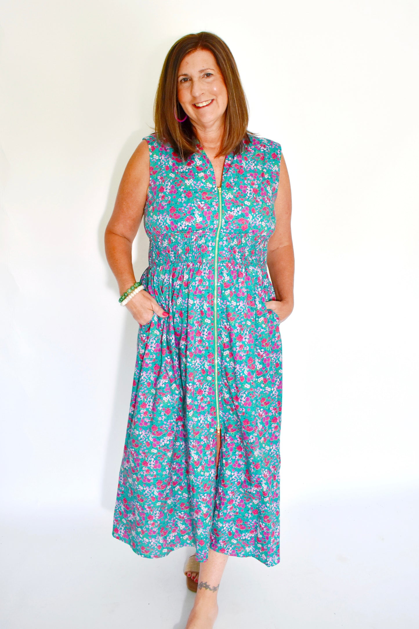 Green Pink Ditsy Floral Zip Midi Dress