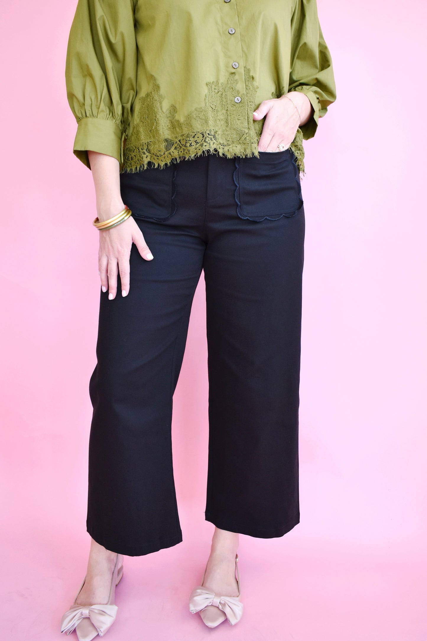 Black Scallop Pocket Wide Leg Pants
