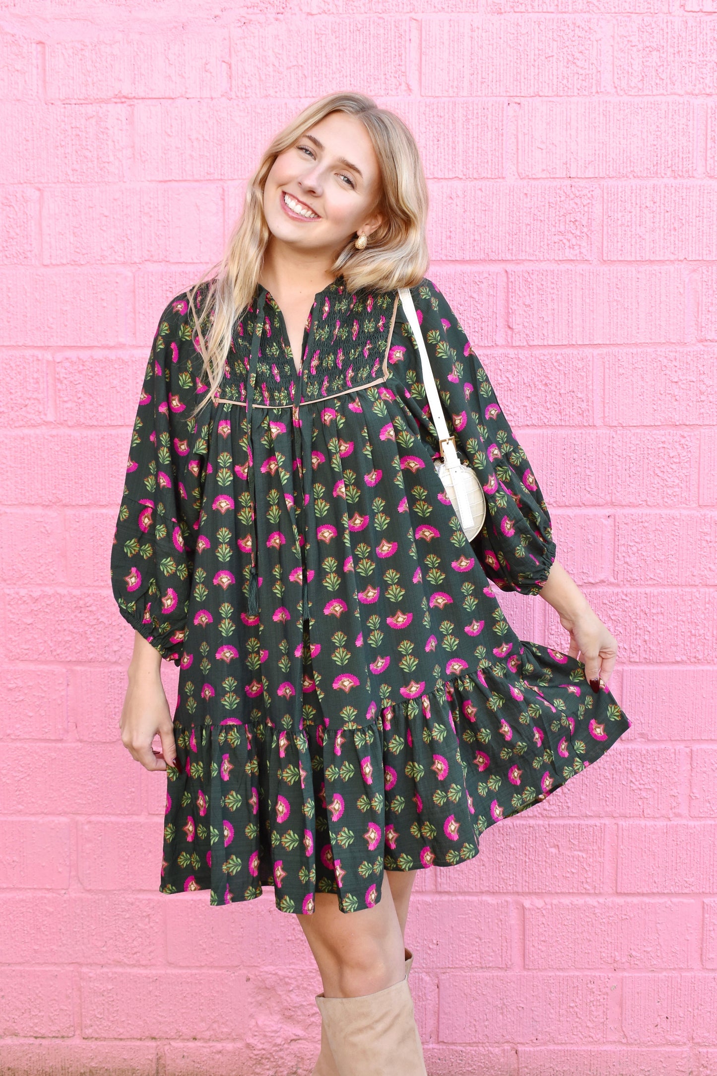 Hunter Green & Pink Floral Mini Dress