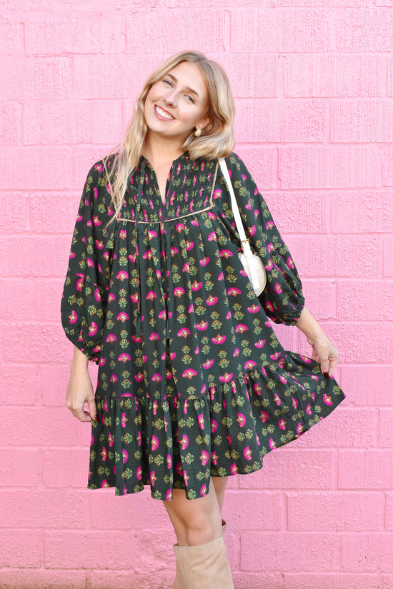 Hunter Green & Pink Floral Mini Dress