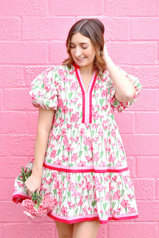 Pink & Red Trim Floral Puff Sleeve Dress