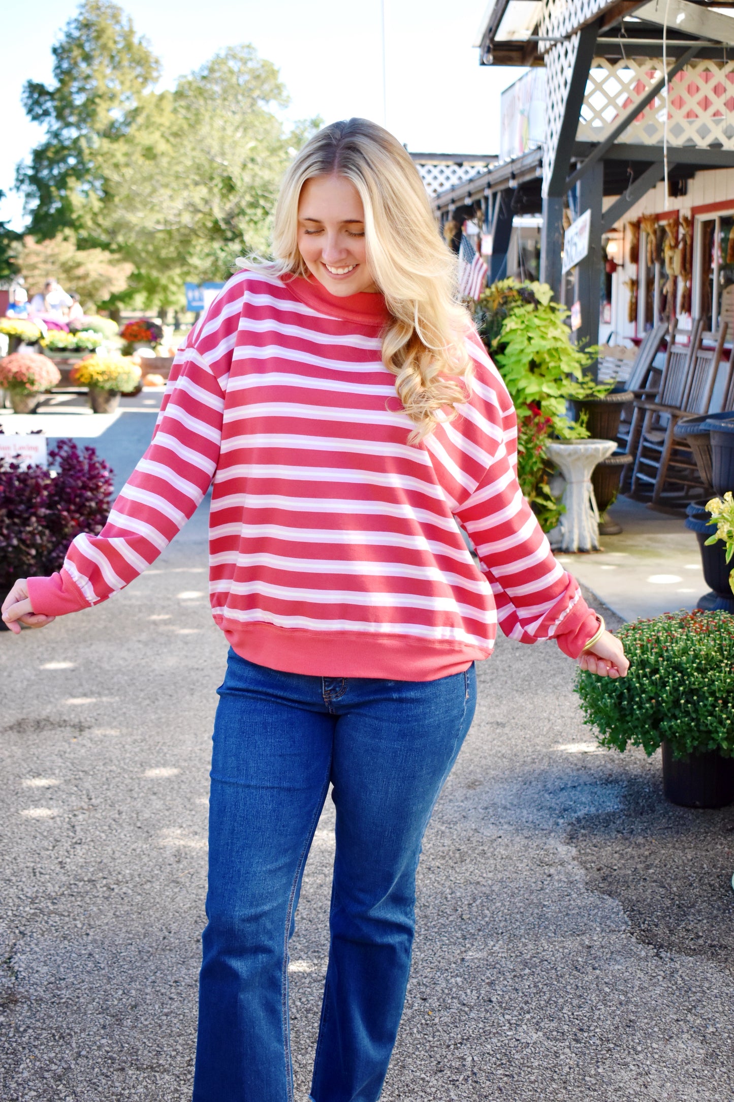 Red Pink Stripe Mock Neck Lightweight Sweatshirt