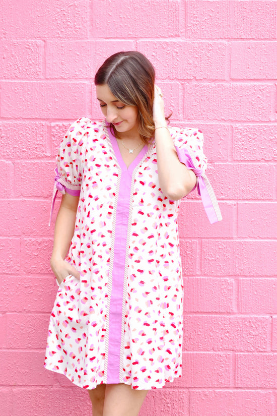 Pink Spotted Contrast Trim Bow Sleeve Dress