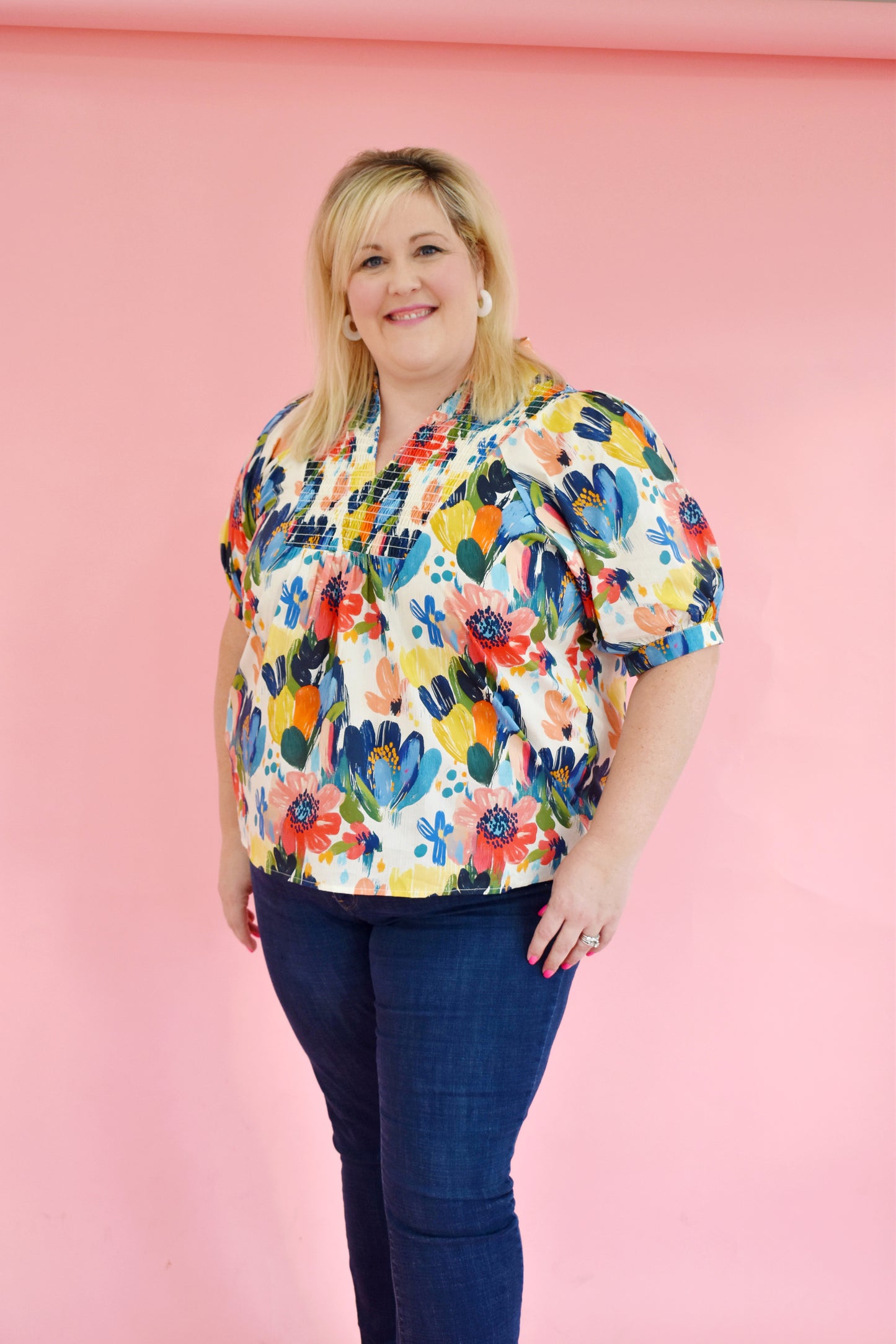 Plus Beautifully Bold Floral Babydoll Collared Top