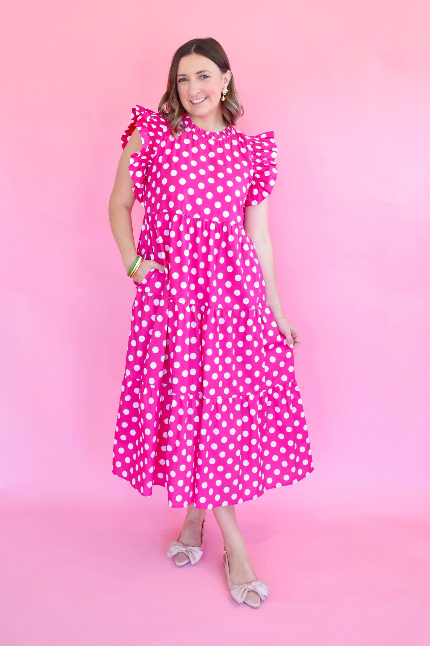 Hot Pink Polka Dot Ruffle Sleeve Midi Dress