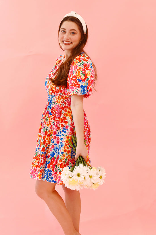 Bold Colorful Ditsy Floral Mini Dress