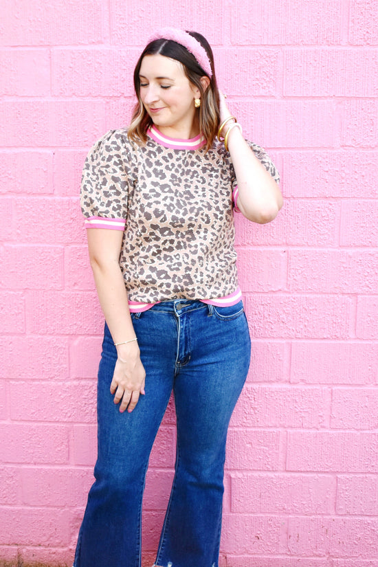 Leopard Print Pink Contrast Short Sleeve Sweater