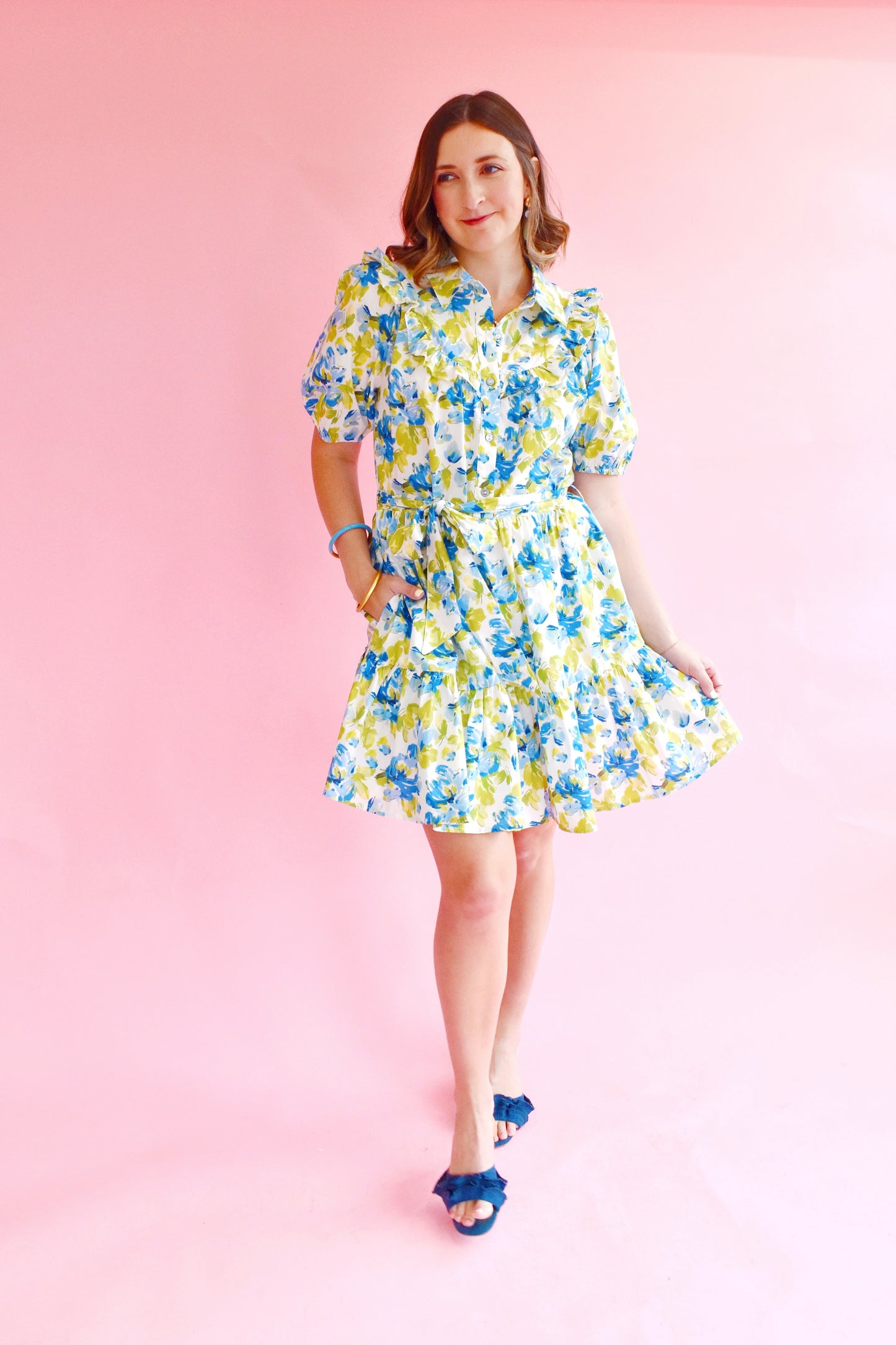 Blue Green Watercolor Floral Tie Waist Dress