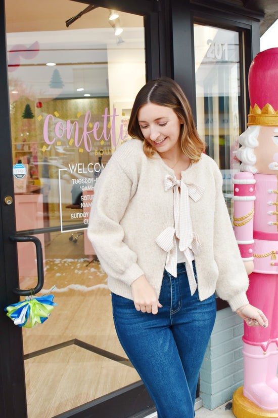 Beige Gingham Bow Cardigan Sweater