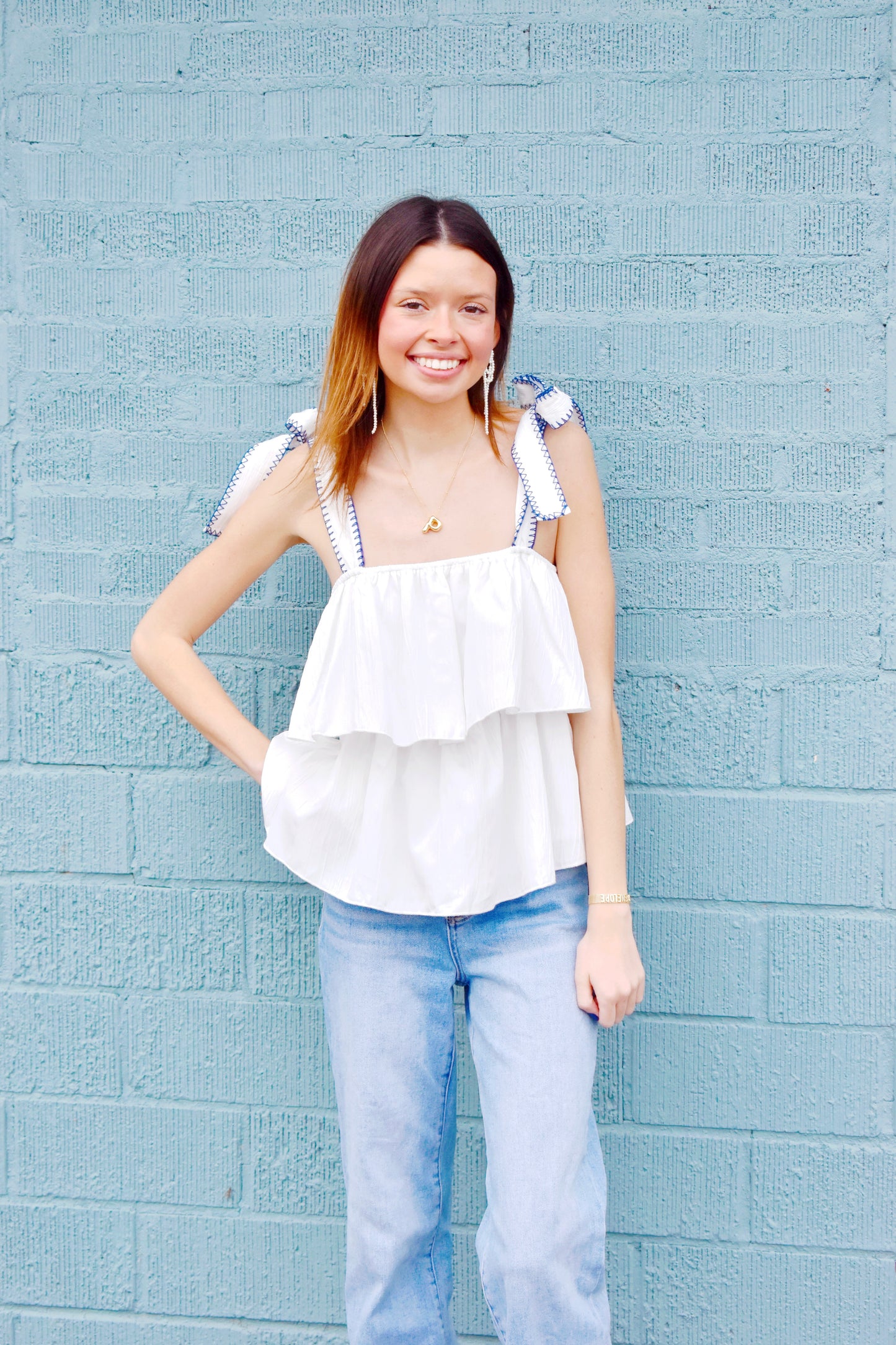 White & Royal Tiered Ruffle Top