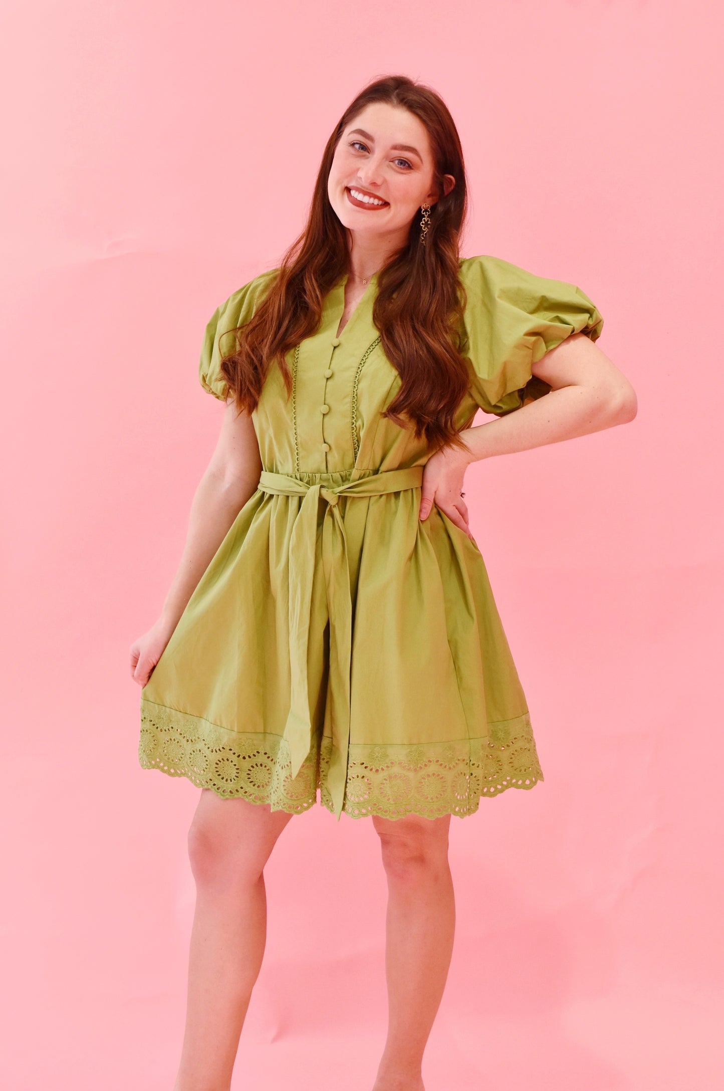 Avocado Eyelet Puff Sleeve Dress