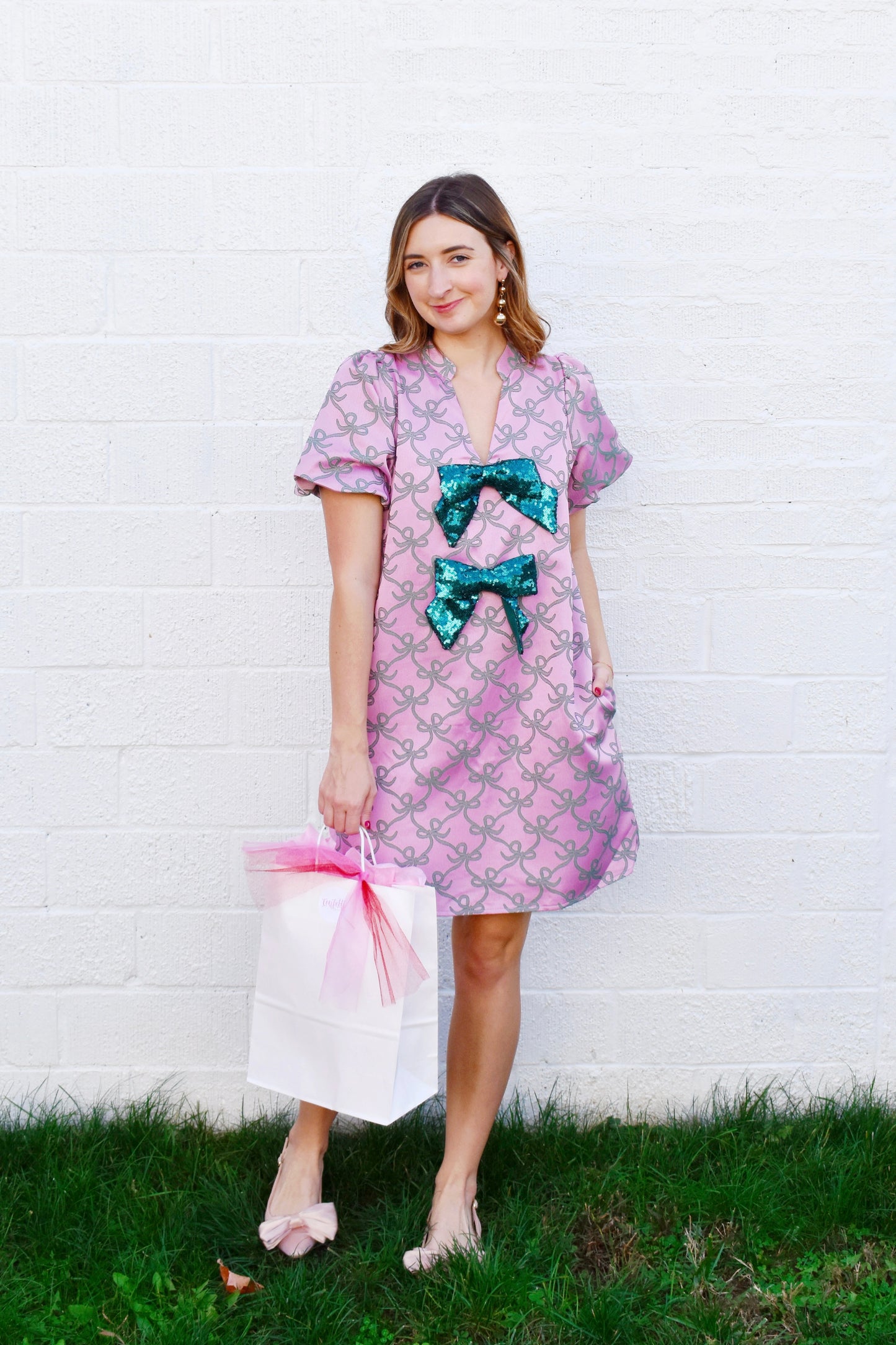 Lilac & Green Bow Printed Sequin Bow Dress Confetti Boutique Lilac & Green Bow Printed Sequin Bow Dress Confetti Boutique