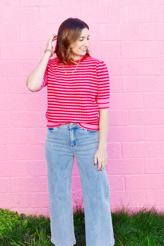 Pink & Red Striped Knit Sweater Top