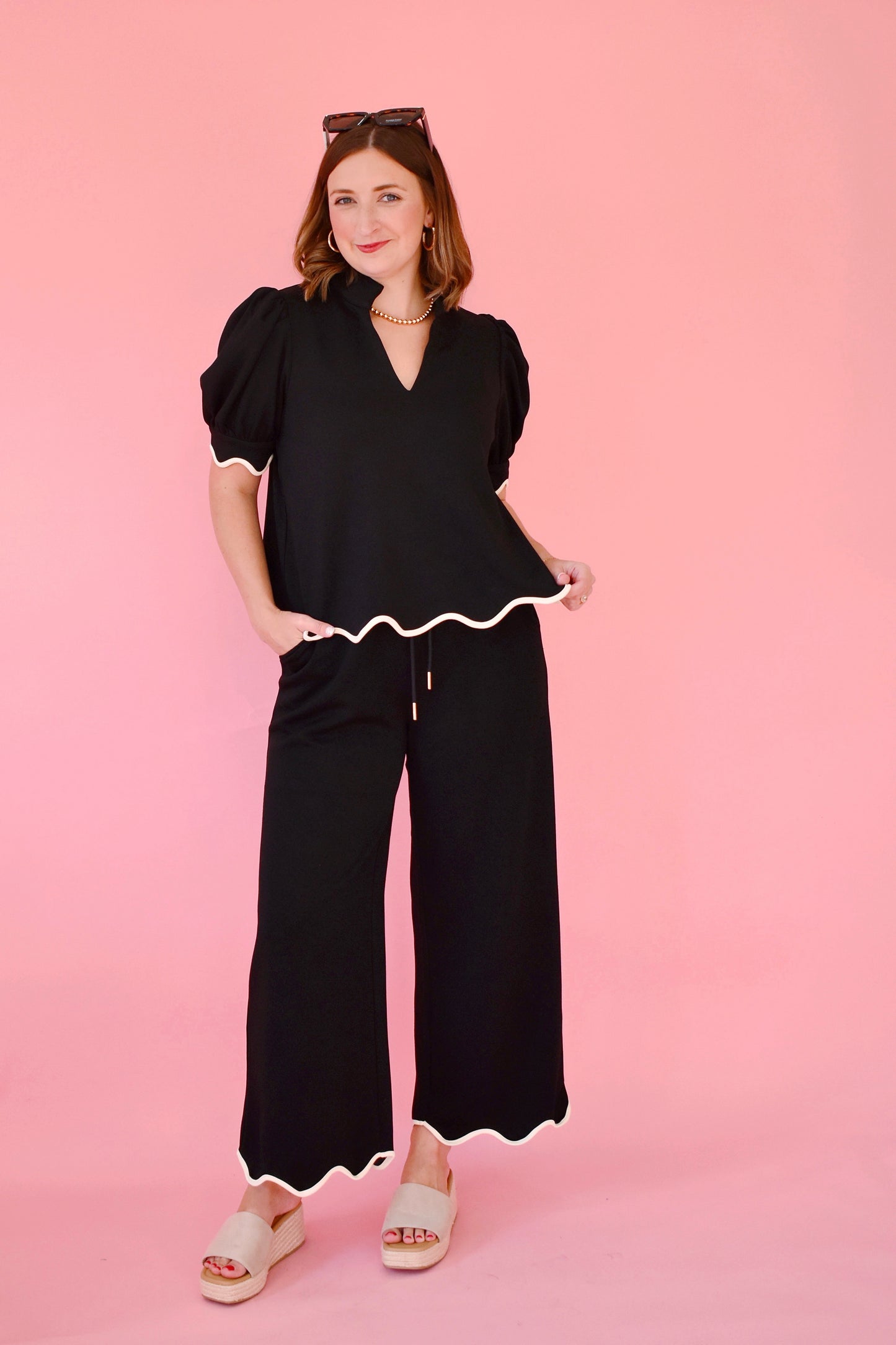 Black Scallop Edge Drawstring Pants