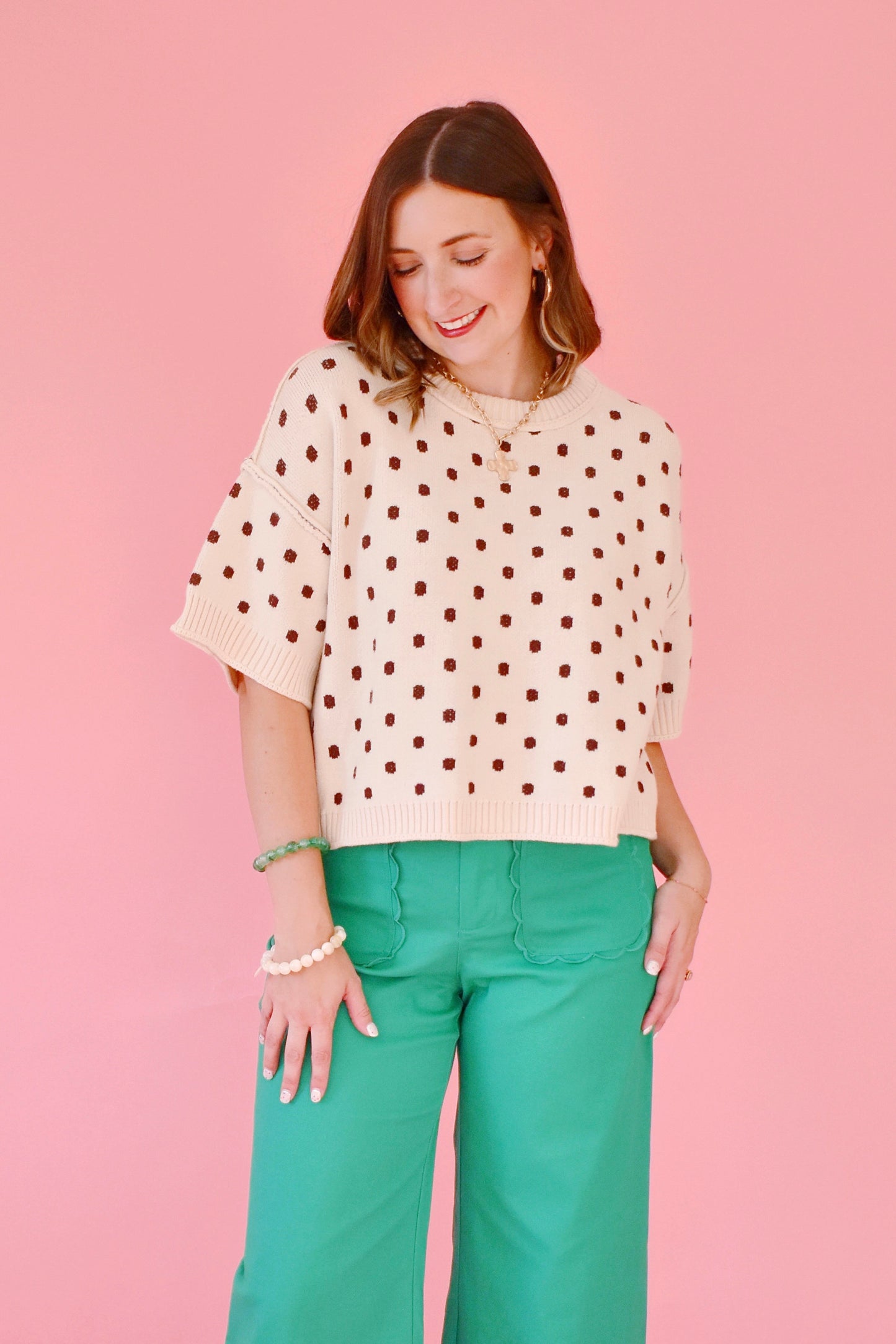Ecru Mocha Polka Dot Sweater Top