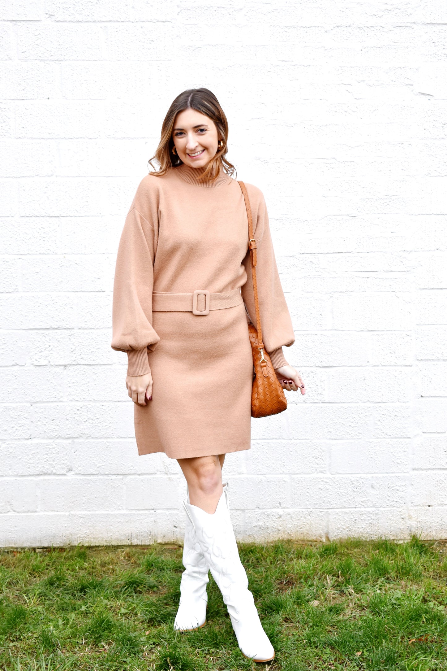 Taupe Belted Sweater Dress