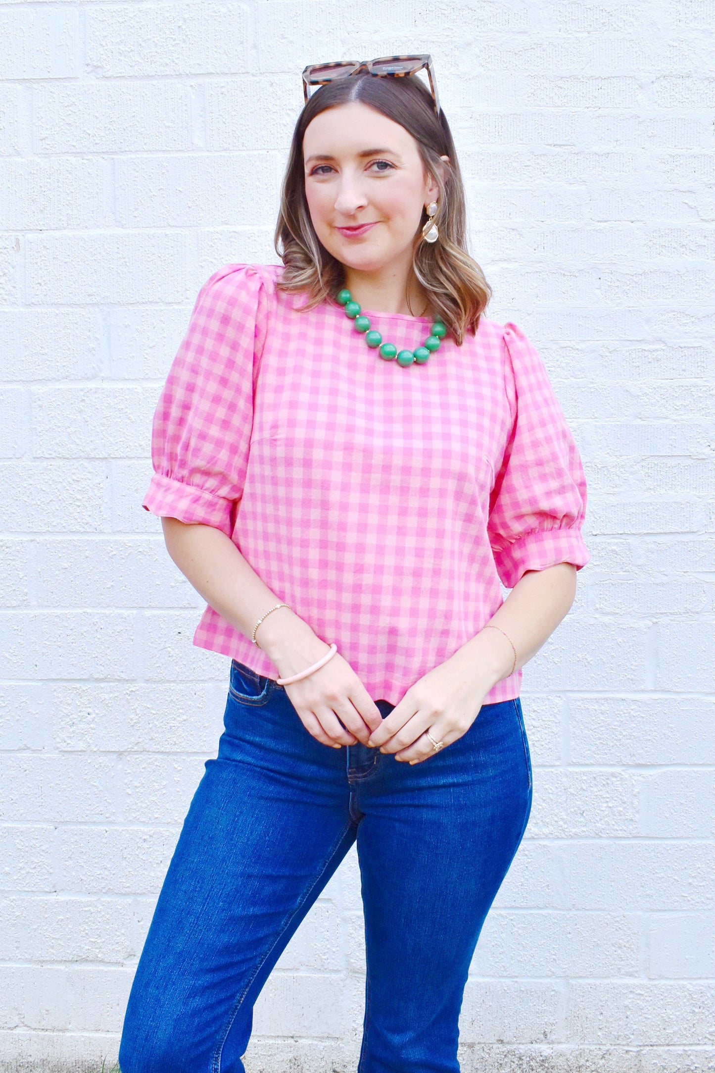 Pink Gingham Scallop Puff Sleeve Blouse