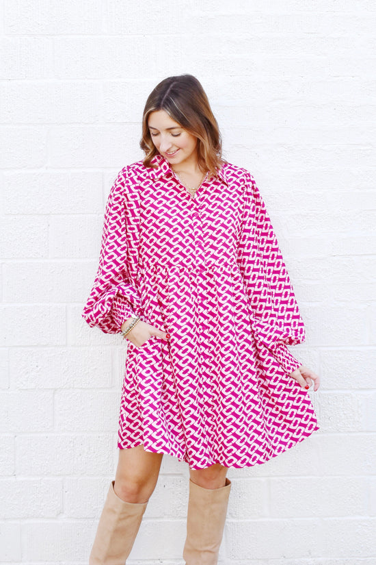 Magenta Geometric Print Babydoll Dress