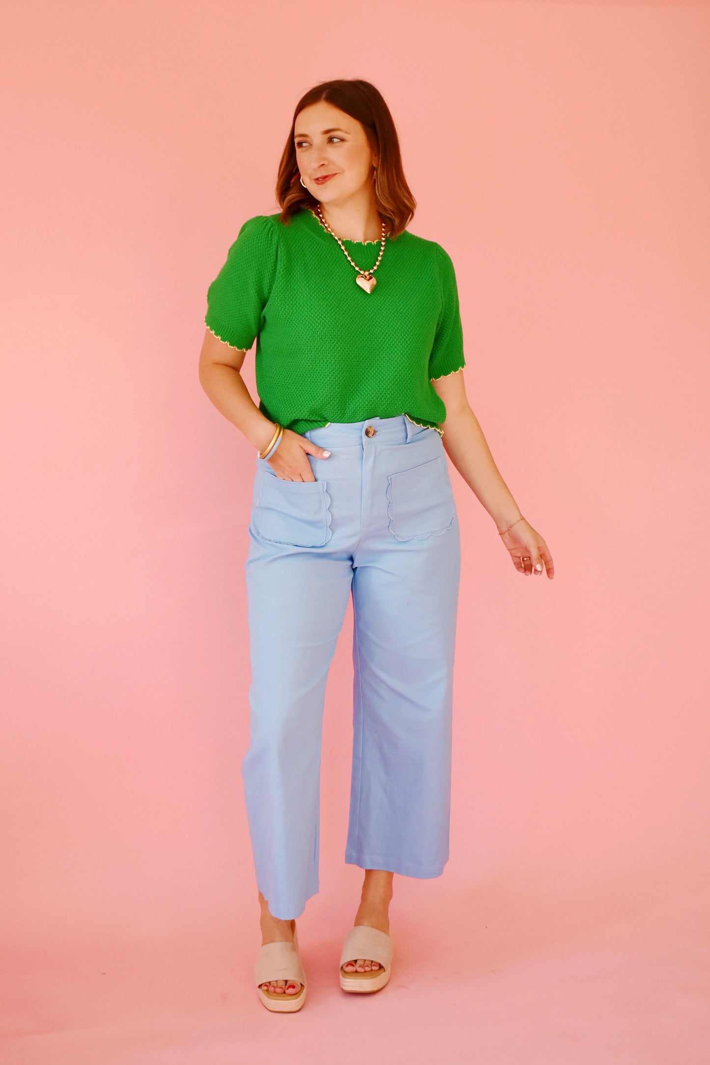 Baby Blue Scallop Pocket Wide Leg Pants