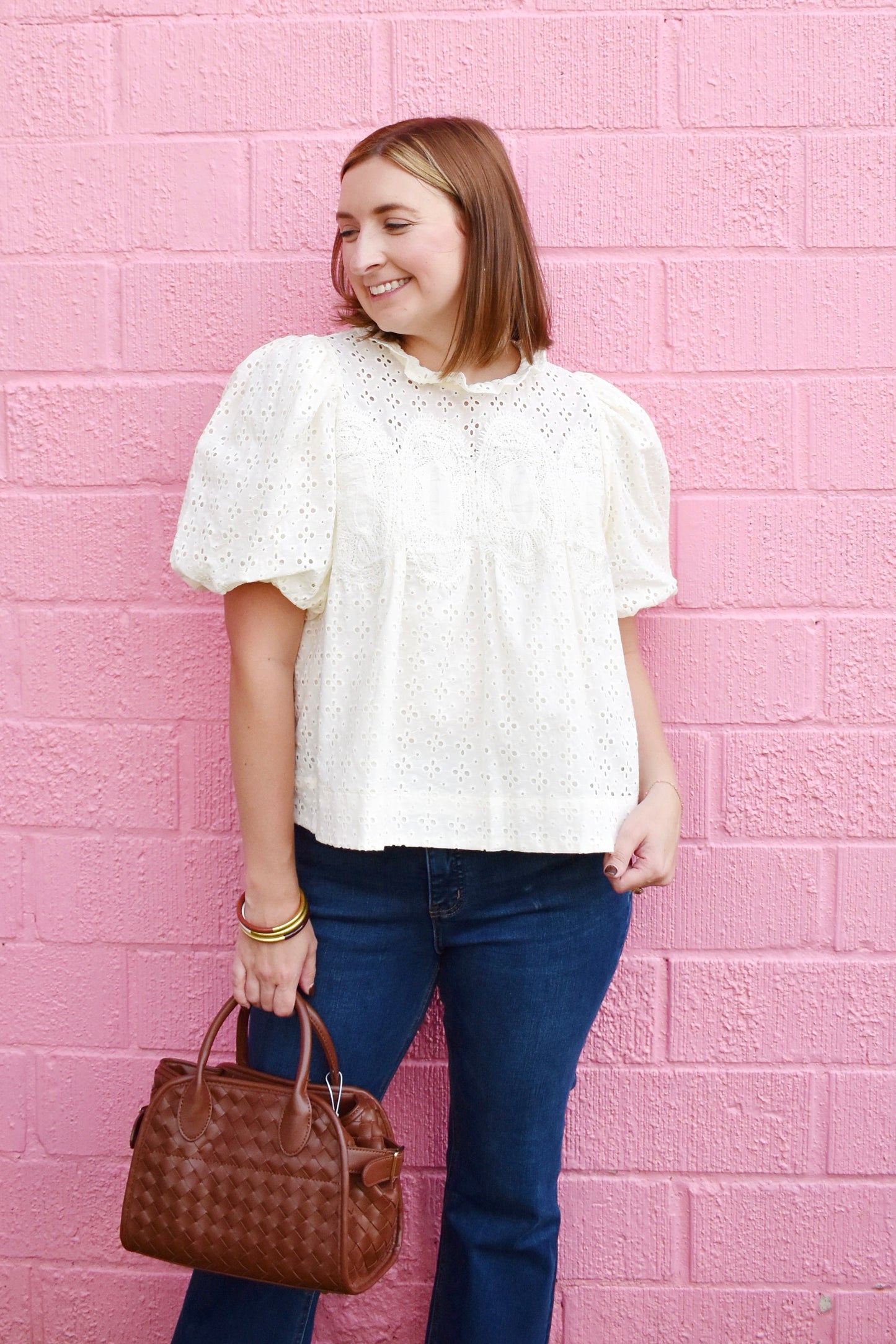 Cream Eyelet Puff Sleeve Blouse