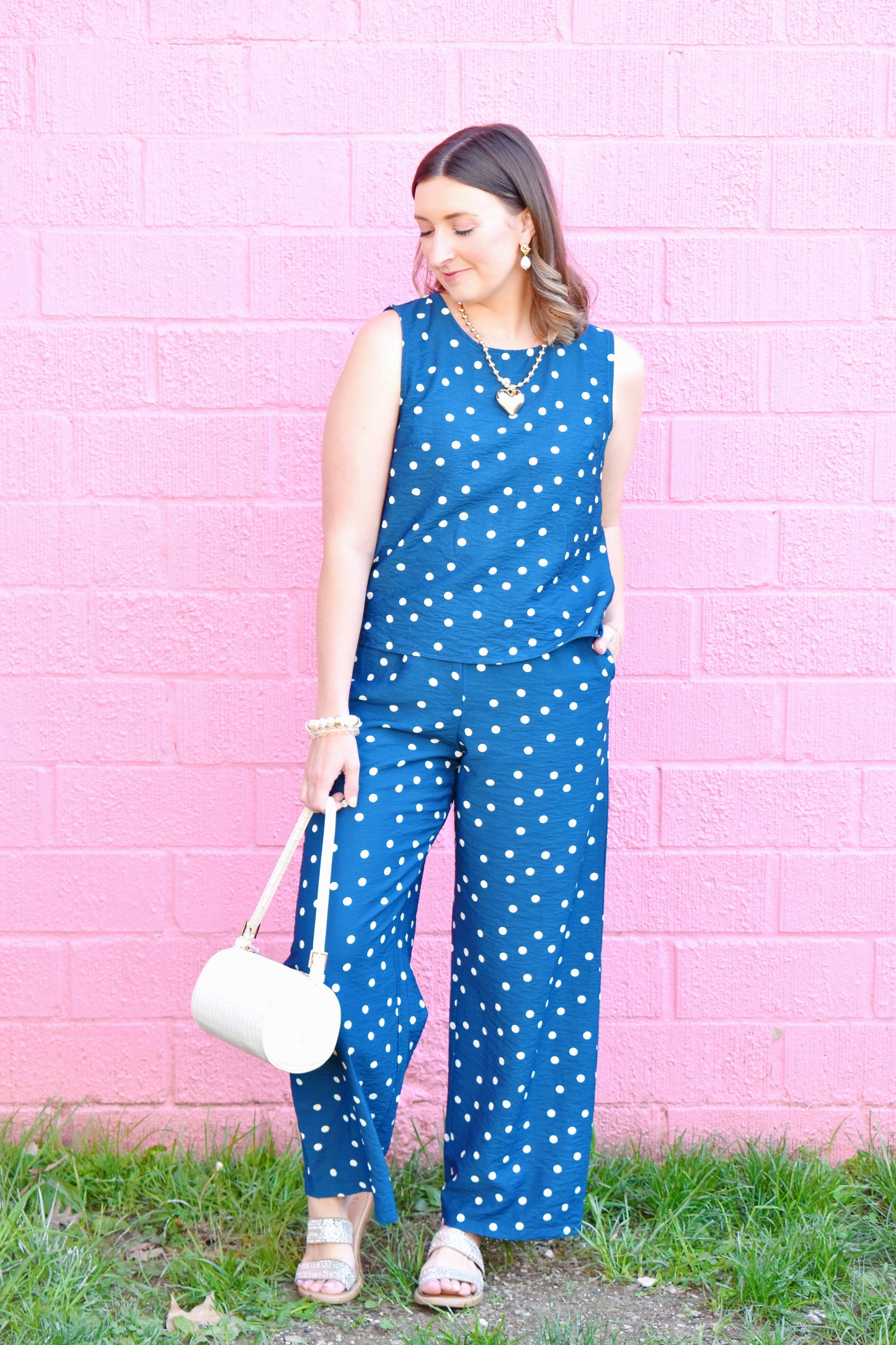 Blue Polka Dot Elastic Waist Pants