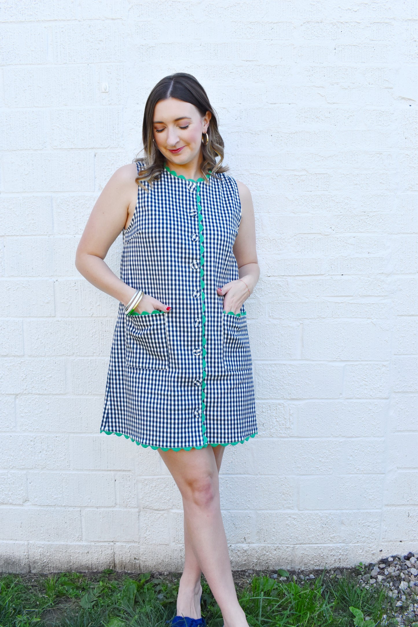 Navy Gingham Green Scallop Detail Shift Dress