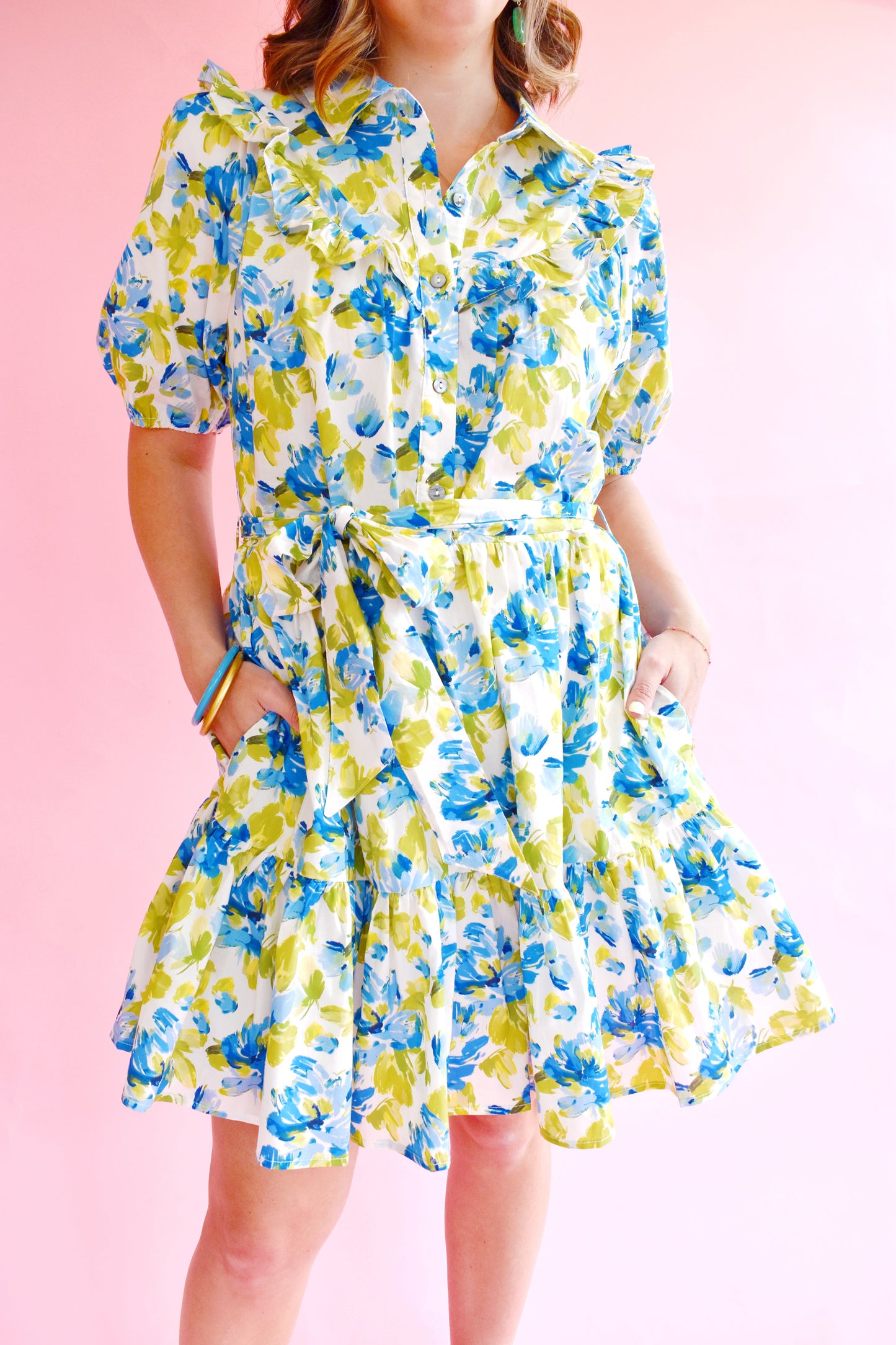Blue Green Watercolor Floral Tie Waist Dress