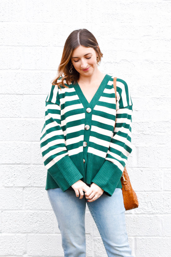 Hunter Green Striped Cardigan Sweater