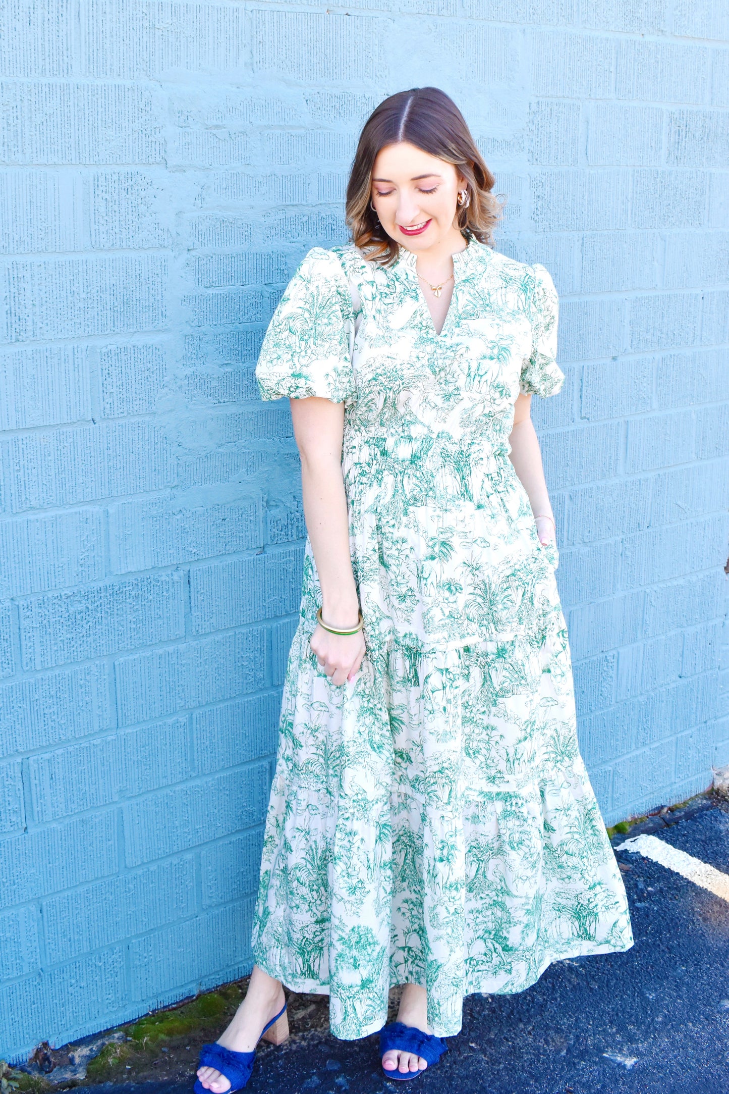 Green Toile Puff Sleeve Maxi Dress