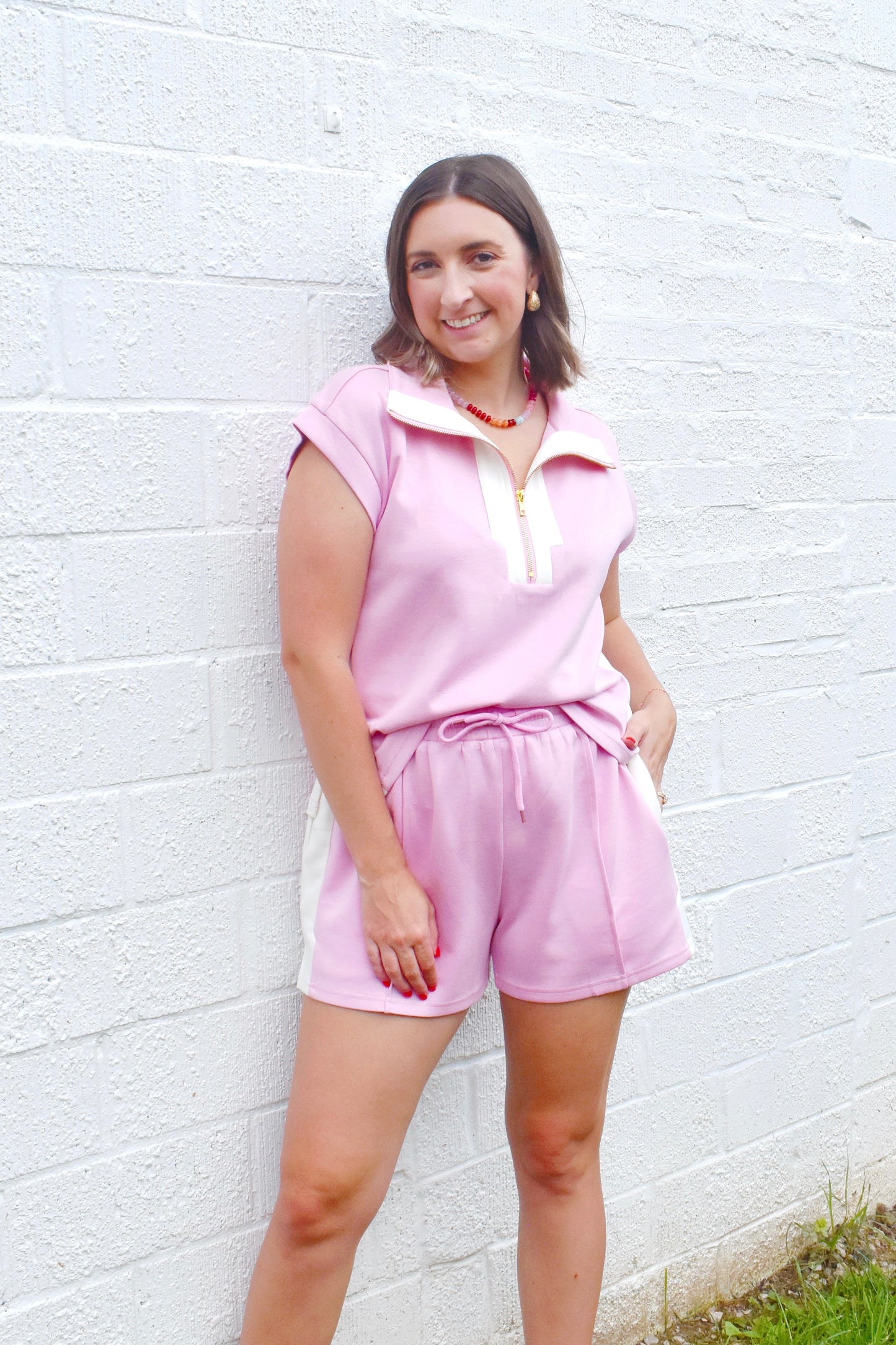 Soft Pink Half Zip Cap Sleeve Top