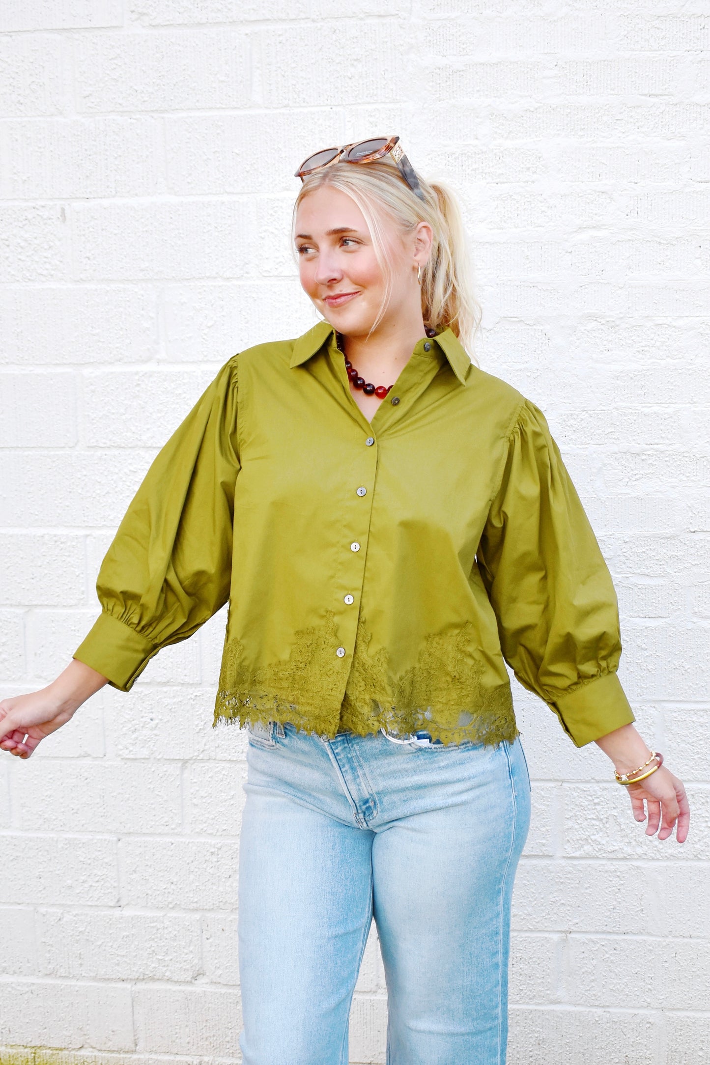 Martini Olive Lace Trim Button Down