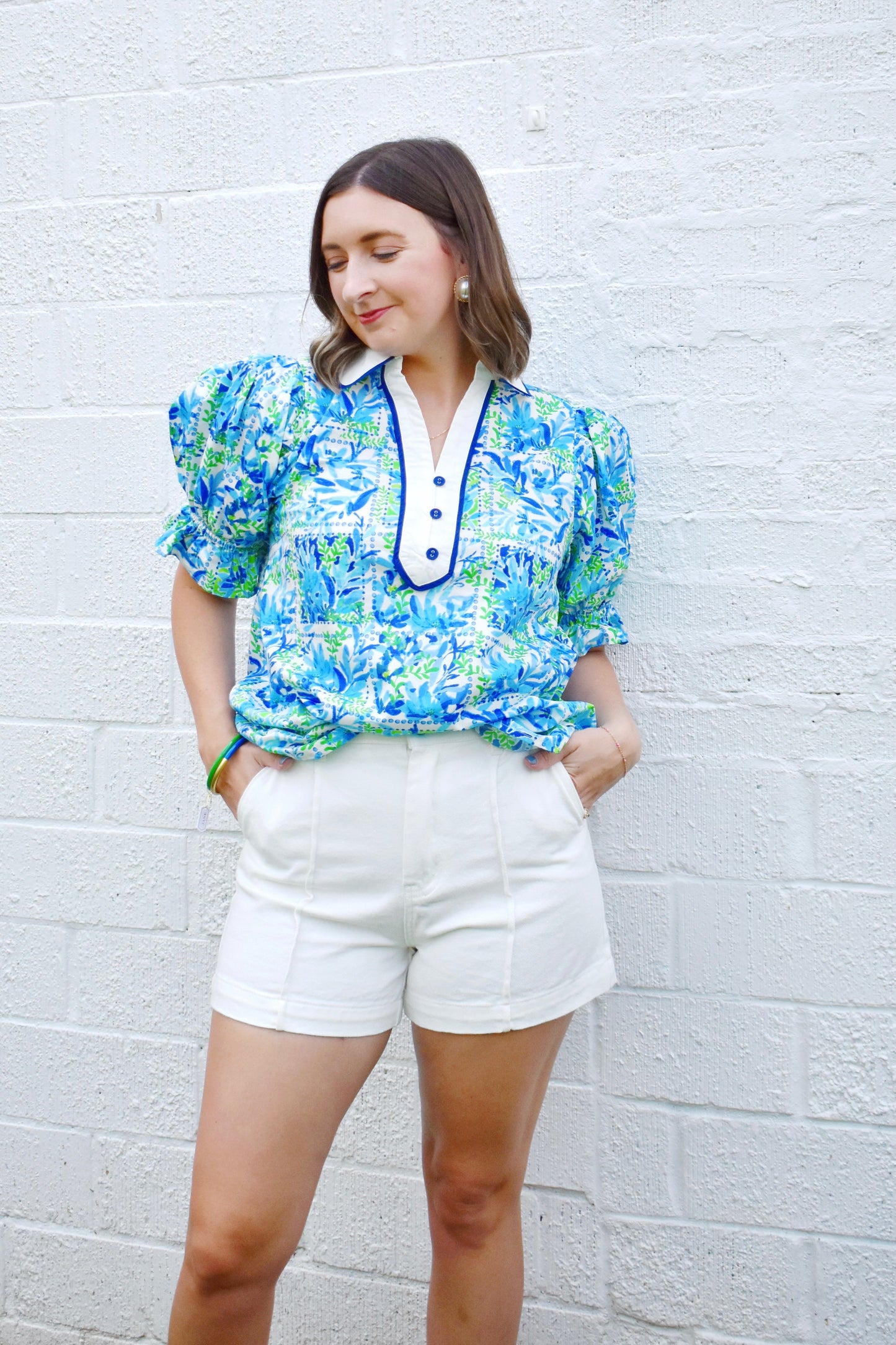 Blue & Green Watercolor Floral Collared Blouse