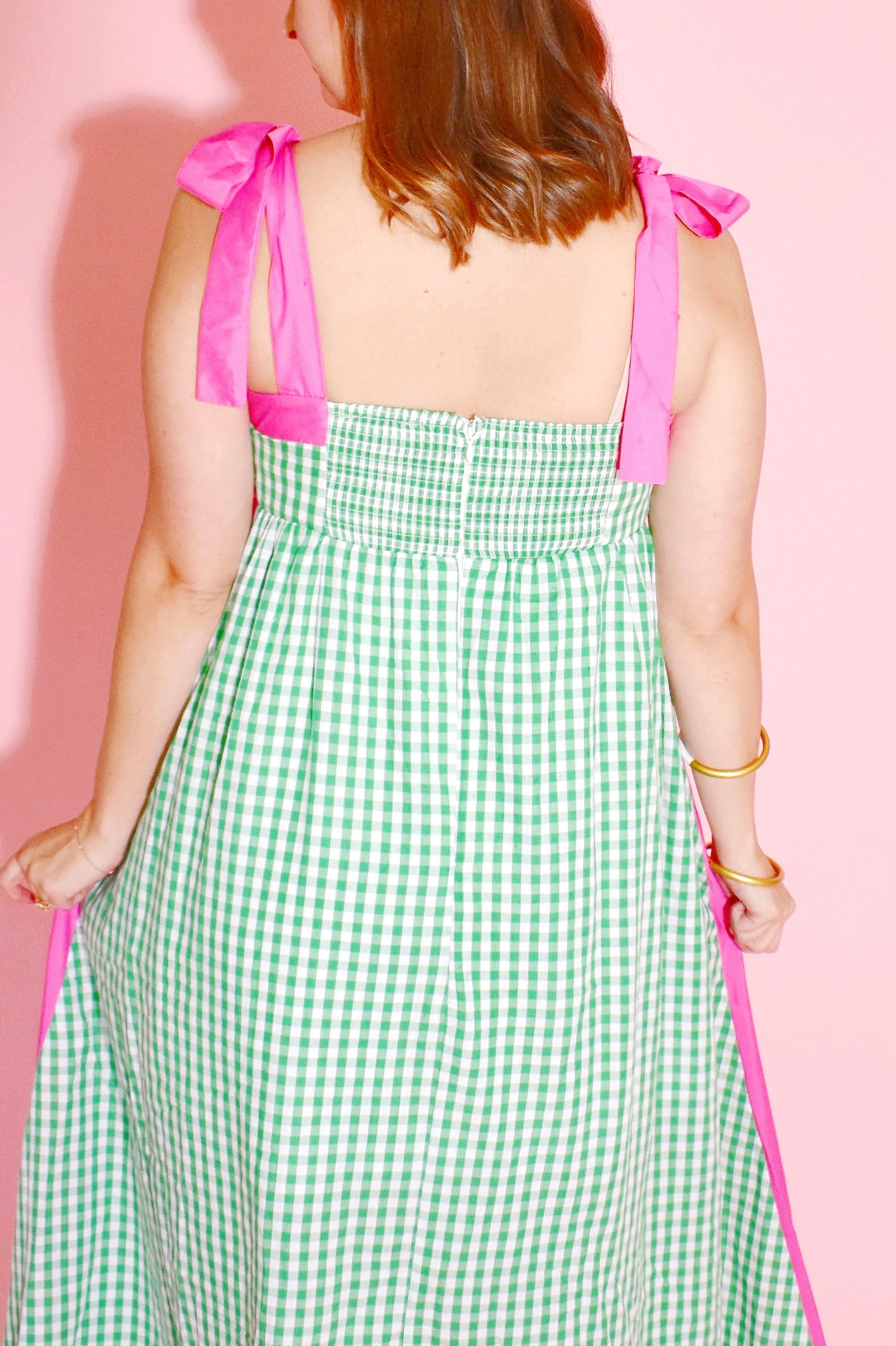 Green Gingham Pink Contrast Tie Strap Midi Dress