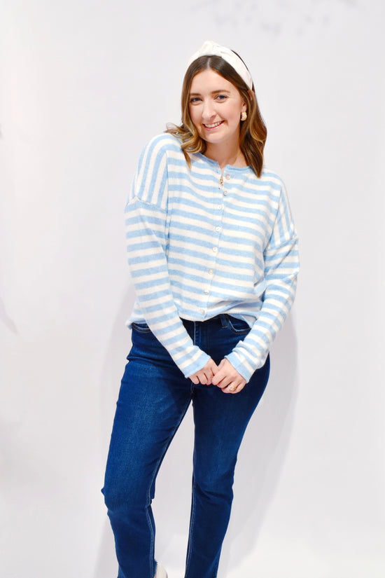 Light Blue Striped Button Down Sweater Cardigan