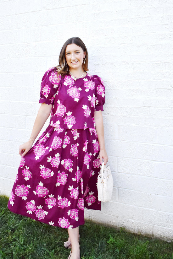 Wine Floral Top & Midi Skirt Set