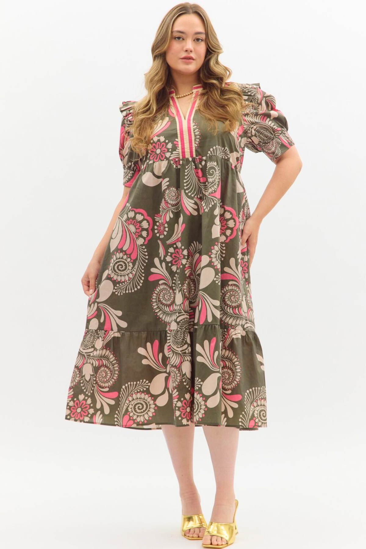 Plus Olive Pink Midi Dress